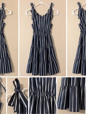 Habitual Navy & White Striped Tie-Shoulder Tiered Dress